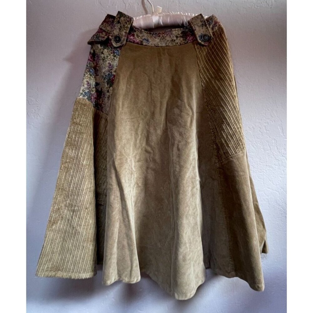 Vintage Bambole Floral Patchwork Tab Waist Midi Skirt Size 8 Brown Corduroy New